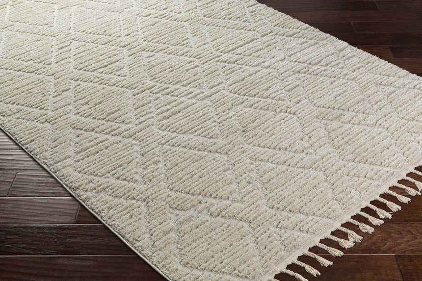 Close-up of bone Maduao Area Rug showing geometric pattern and soft texture on dark wood floor. Clearance item. Corner