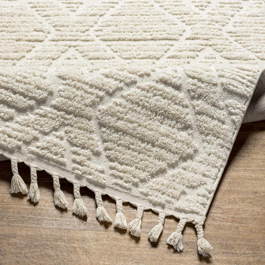 Close-up of the bone-colored Maduao Area Rug, featuring a geometric pattern, tassels, and a soft, textured pile. Fold