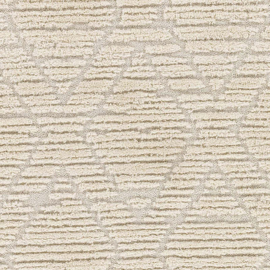 Close-up of the Maduao Area Rug. Bone and driftwood colors with a geometric pattern and textured weave. Swatch
