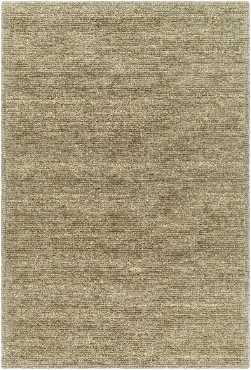 Close-up of the hand-loomed Magpet Area Rug. The 100% wool rug has a textured, contemporary design in light beige and olive tones. Design-Rectangle-576