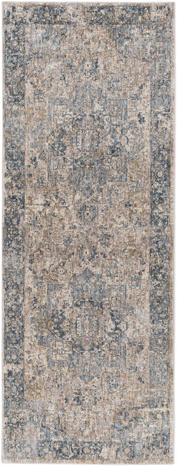 Detailed texture of the Magrath Area Rug in charcoal, beige, blue, and mustard tones. Design-Runner-2773