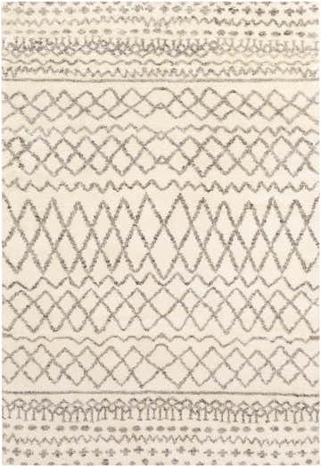 Close-up of the hand-knotted Manquin Area Rug. Ivory wool rug with taupe diamond and geometric patterns. Farmhouse style. Design-Rectangle-576