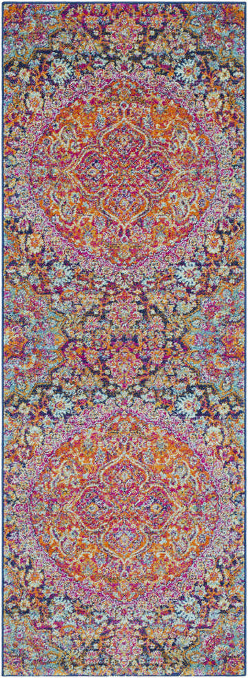 Detailed close-up of the Burnt Orange Ojus Area Rug, showcasing its traditional oriental pattern and rich burgundy, navy, and teal colors. Design-Runner-2773