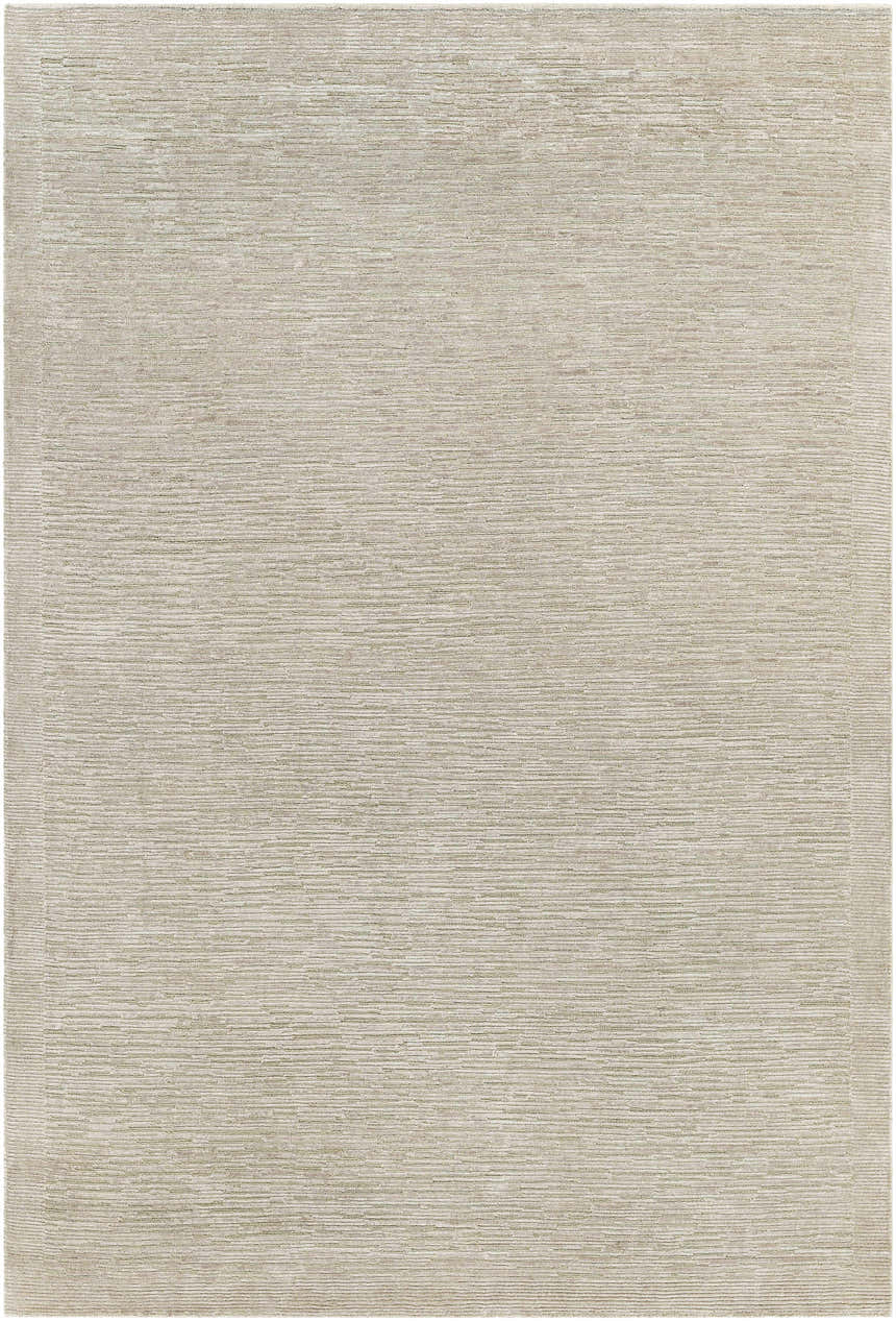 Close-up of the hand-knotted Mardi Area Rug. Light beige wool and silk with subtle, contemporary texture. Design-Rectangle-576