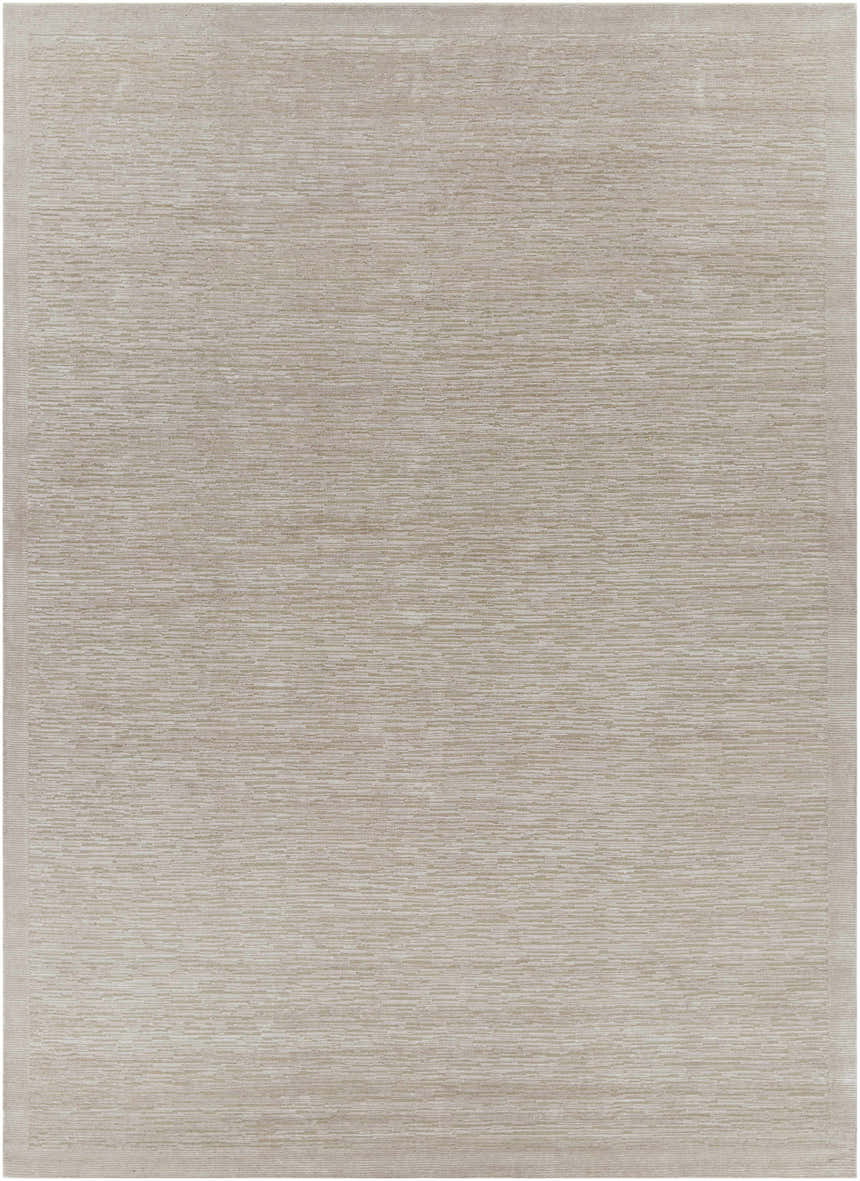 Close-up of the hand-knotted Mardi Area Rug. Light beige rug with a subtle, contemporary design and wool-silk texture. Design-Rectangle-811