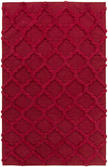 Close-up of the red Marilla Area Rug, a hand-woven wool shag with a diamond trellis pattern. Design-Rectangle-58