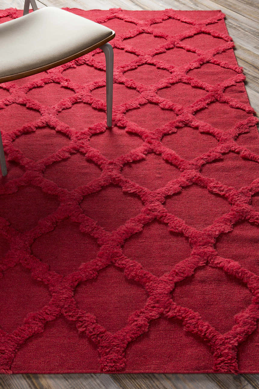 Close-up of the red Marilla Area Rug, a hand-woven wool shag with a geometric trellis pattern. Styleshot