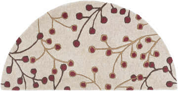 Close-up of Elsu Beige & Burgundy rug. Hearth-shaped wool rug with floral pattern in brown, tan, and dark red. Design-Hearth