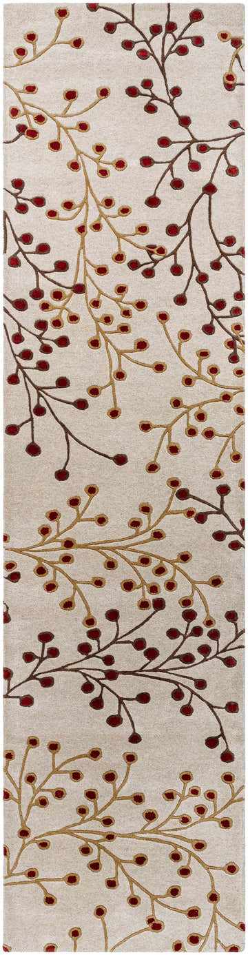 Close-up of the Elsu Beige & Burgundy Area Rug. Hand-woven wool rug with a floral pattern in brown, burgundy, and tan. Design-Runner-312