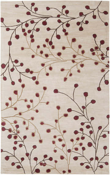 Close-up of the Elsu Beige & Burgundy Area Rug. Beige wool rug with a burgundy and tan floral branch pattern. Design-Rectangle-58