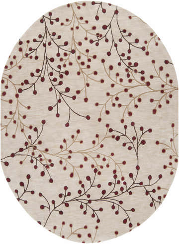 Close-up of the round Elsu Beige & Burgundy Area Rug. Beige wool rug with burgundy and brown floral branch pattern. Design-Oval-810