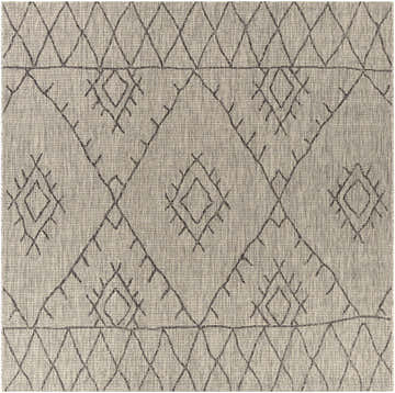 Close up of the Marwood Nordic Performance Rug. Bohemian diamond pattern in charcoal, taupe, and white. Design-Square-710