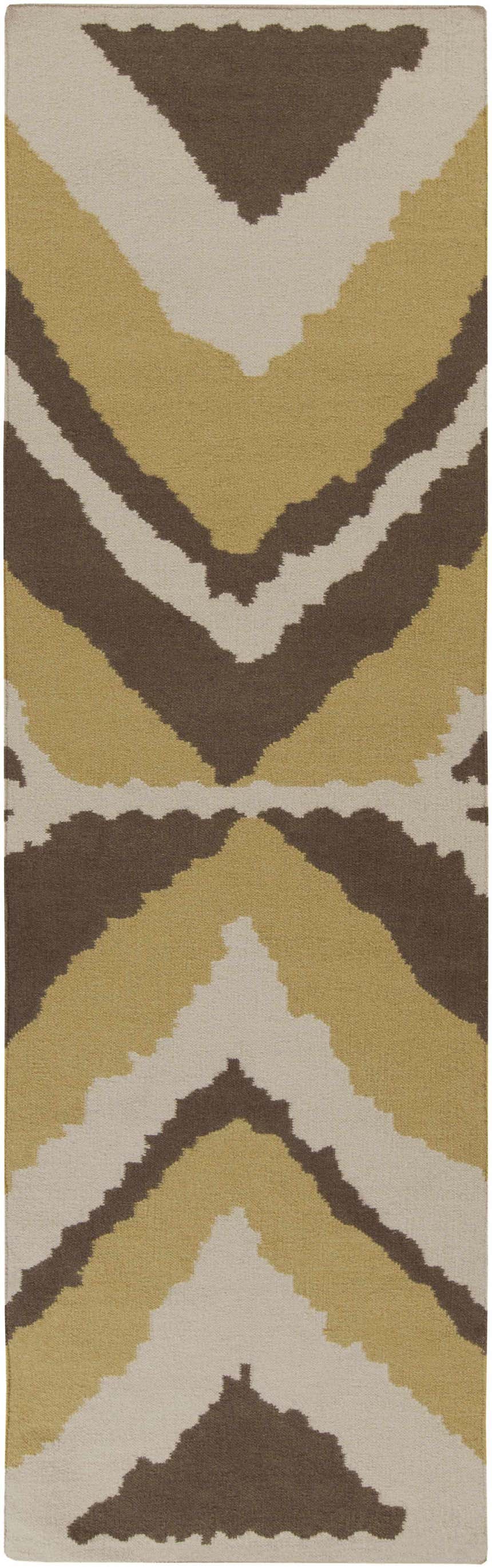 Close-up of the hand woven Marysville Carpet. Light beige, olive, and brown chevron pattern. 100% wool texture. Design-Runner-268