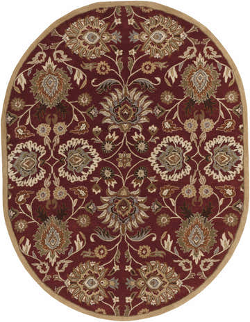 Close-up of the oval Conesus Red 1061 Rug. It features a traditional floral pattern in red, tan, brown, and olive tones. Design-Oval-810
