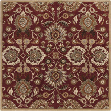 Detailed floral pattern on the Conesus Red 1061 hand-tufted wool rug. Red, brown, tan, and gray hues. Design-Square-8