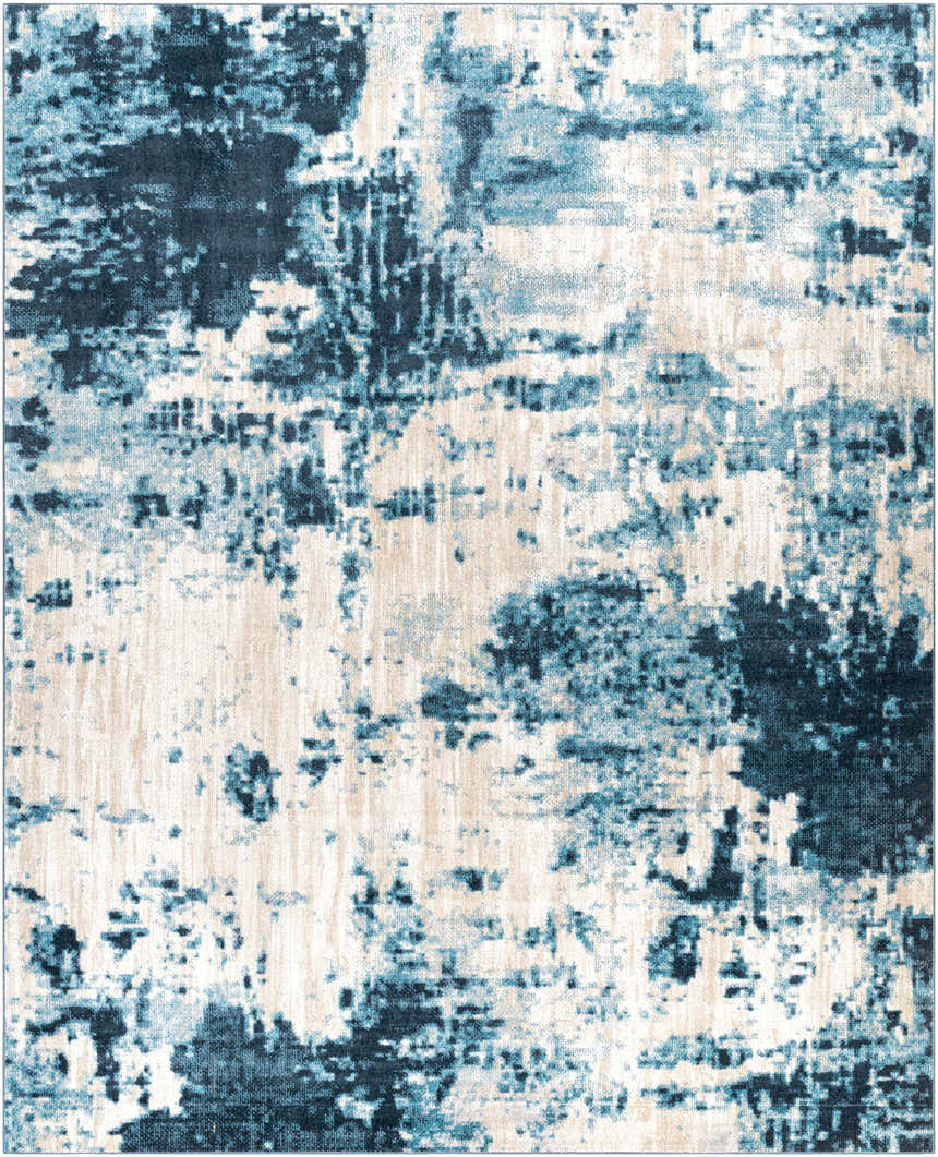 Close-up of the Masiga Washable Area Rug. Contemporary design with abstract patterns in shades of blue and beige. Design-Rectangle-71010