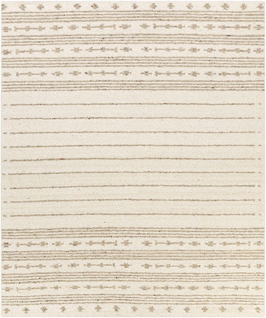 Close-up of the hand woven Matawan Premium Wool Rug in cream and taupe with a contemporary striped pattern. Design-Rectangle-810