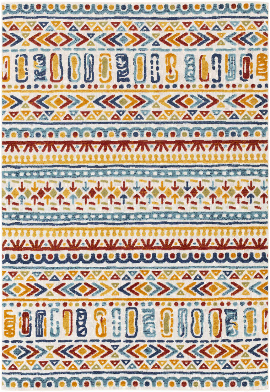 Close-up of the Maxie Area Rug: a flatweave rug with a Southwestern-inspired geometric pattern in aqua, blue, red, and mustard. Design-Rectangle-5373
