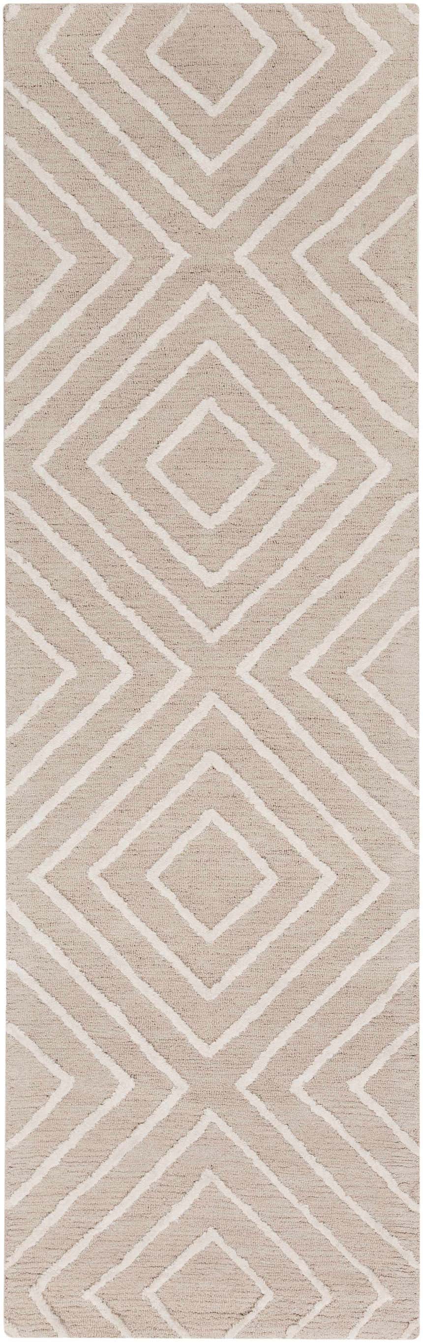 Close-up of the hand-tufted Maytown Area Rug. Beige rug with a contemporary diamond pattern in light gray. Design-Runner-268