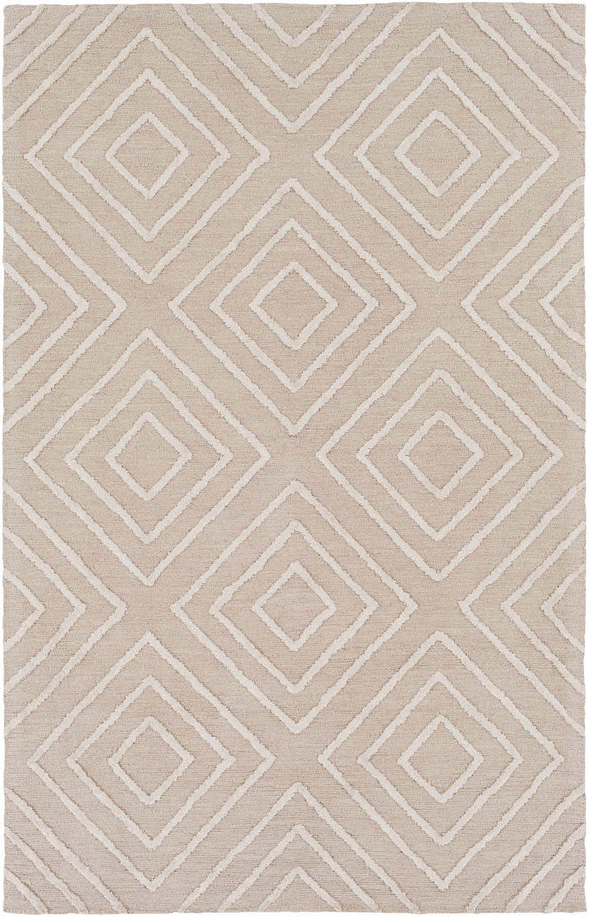 Close-up of the Maytown Area Rug. Beige rug with a light gray diamond pattern. Hand-tufted cotton rug. Design-Rectangle-576