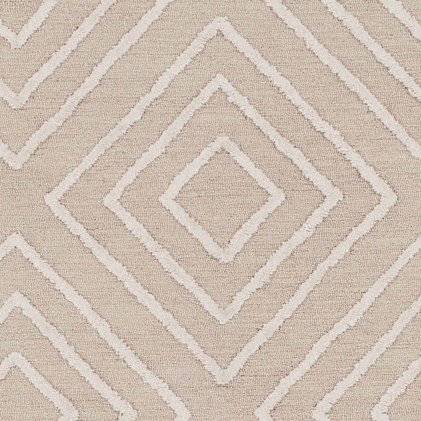 Close-up of the Maytown Area Rug showing a geometric diamond pattern in beige and light gray. Hand-tufted texture. Swatch