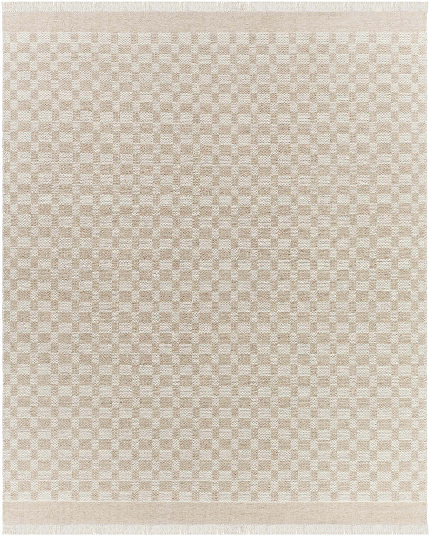 Close-up of the hand woven Meira Tan Area Rug. Ivory and tan checkerboard pattern with fringe. Design-Rectangle-810