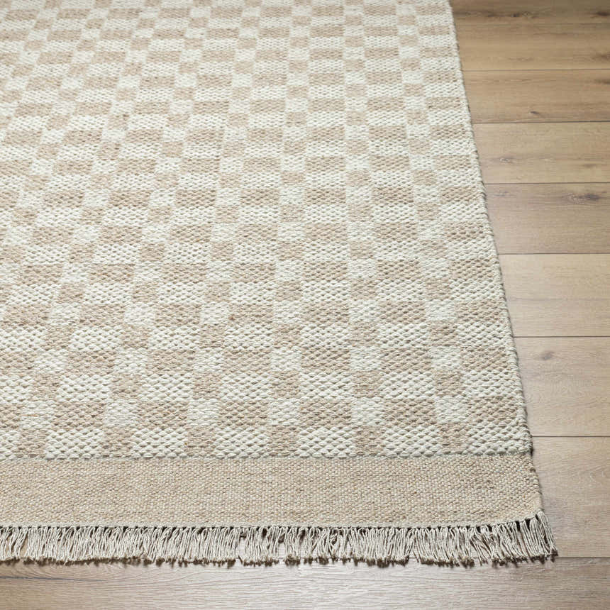 Close-up of the hand-woven Meira Tan Area Rug showing the ivory and tan checkerboard pattern and fringe detail. Front