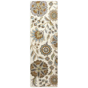 Close-up of the Mack Floral Wool Area Carpet. Features a brown, denim, and sage floral pattern on a light tan background. Design-Runner-268