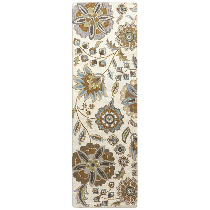 Close-up of the Mack Floral Wool Area Carpet. Features a brown, denim, and sage floral pattern on a light tan background. Design-Runner-268
