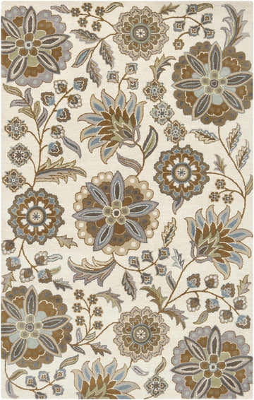 Close-up of the Mack Floral Wool Area Carpet. Features a brown, blue, and sage floral pattern on a light cream background. Design-Rectangle-58