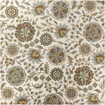 Detailed floral pattern of the Mack Floral Wool Area Carpet in brown, denim, and light gray. Traditional style. Design-Square-99