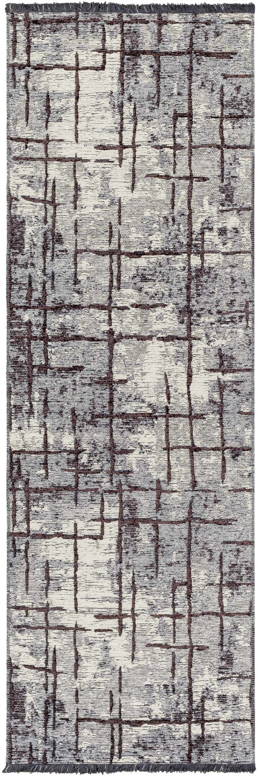 Close-up of the Mace Area Rug. Charcoal, cream, and slate rug with a contemporary grid pattern and soft chenille texture. Design-Runner