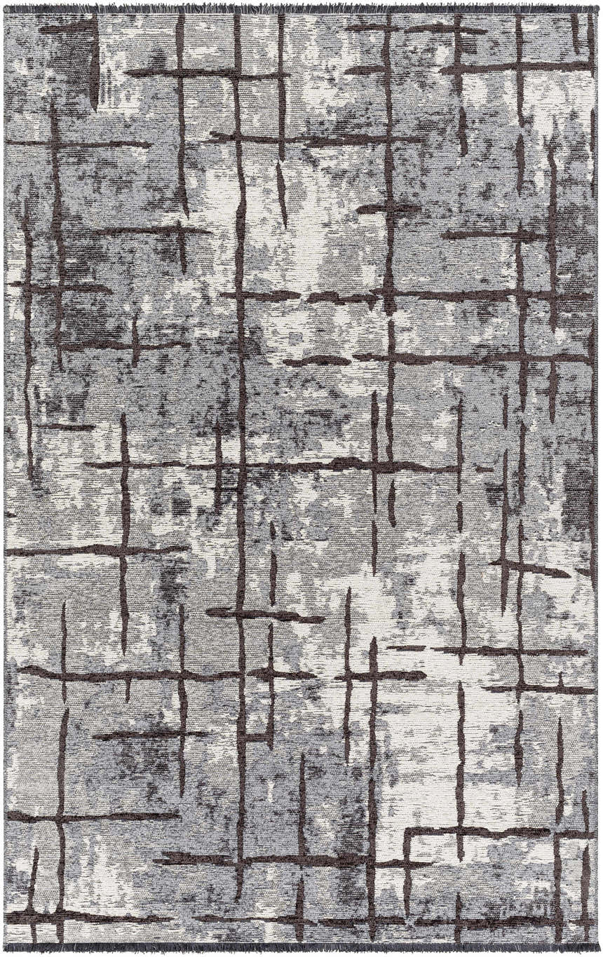 Close-up of the Mace Area Rug - Clearance. Charcoal, cream, and slate rug with a contemporary grid pattern. Design-Rectangle-537
