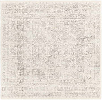 Close-up of the Michie Area Rug, a machine-woven rug in cream and gray with a traditional, bohemian-inspired pattern. Design-Square-67