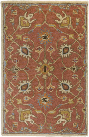 Close-up of the Logville Hand Tufted Rust 1119 Wool Rug featuring a traditional floral pattern in rust, ivory, and blue hues. Design-Rectangle-23