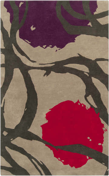 Close-up of the hand-tufted Mcwhorter Area Rug. Contemporary design with red, purple, and gray abstract shapes on a beige wool background. Design-Rectangle-58