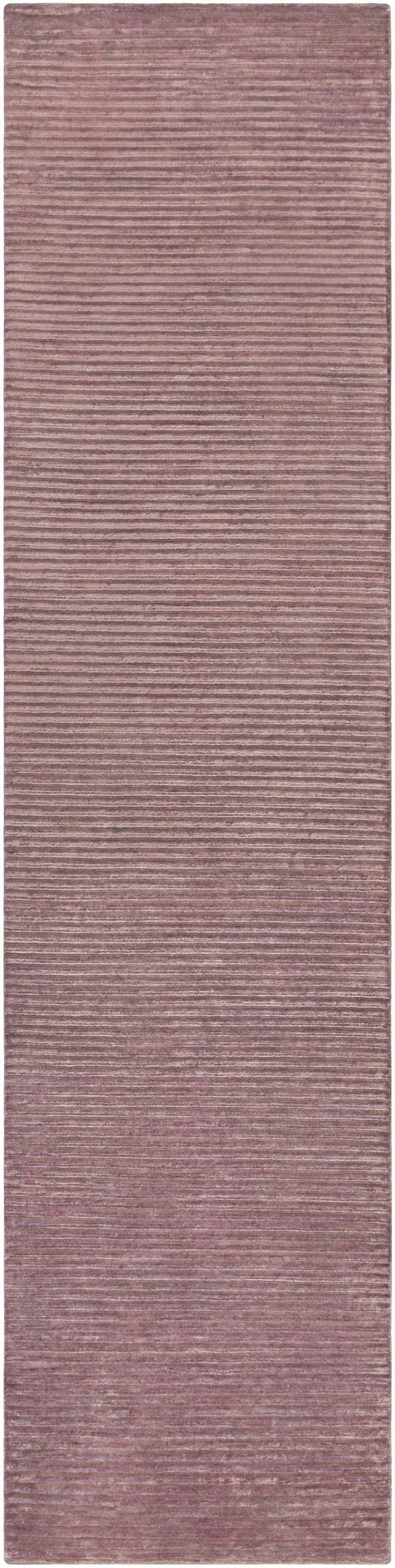Close-up of the Meador Area Carpet. Hand-knotted wool and viscose rug in burgundy and dark purple with a subtle striped texture. Design-Runner-2610