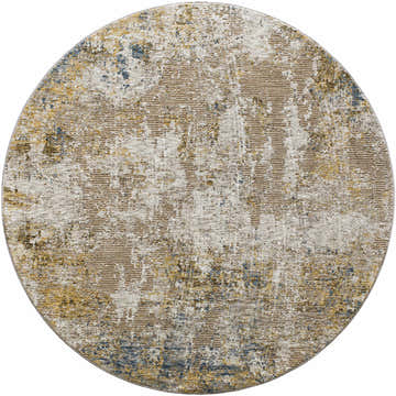Round Meads Abstract Mustard Luxe Rug with cream, denim, tan, and light gray abstract pattern. Design-Round-53