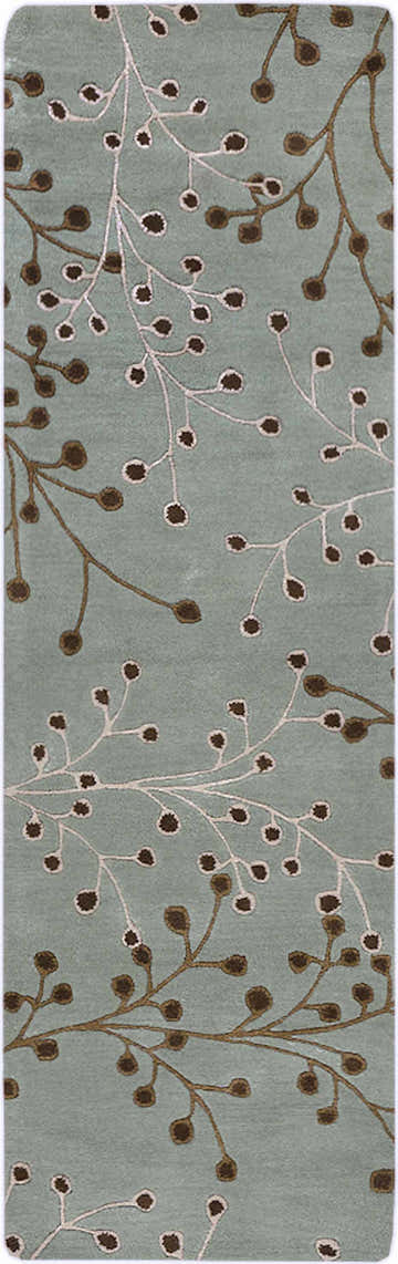 Close-up of the Sage Elsu Area Rug, featuring a dark brown and taupe floral pattern on a sage green wool background. Design-Runner-268