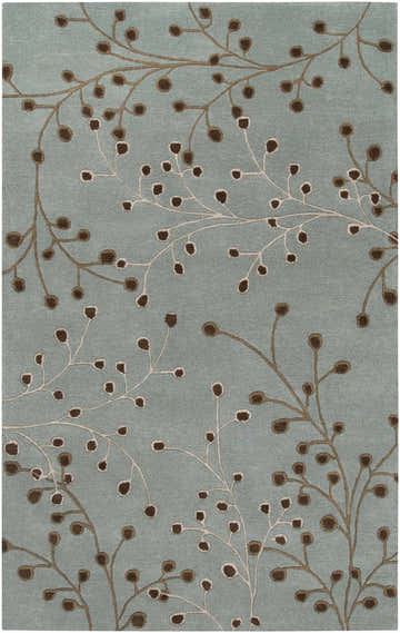 Close-up of the Sage Elsu Area Rug featuring a brown floral branch pattern on a sage green background. Hand-tufted wool texture. Design-Rectangle-58