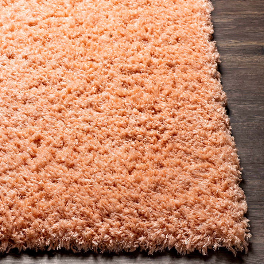 Close up of the Siari Peach Shag Rug showing its plush texture and color on a dark wood floor. Front