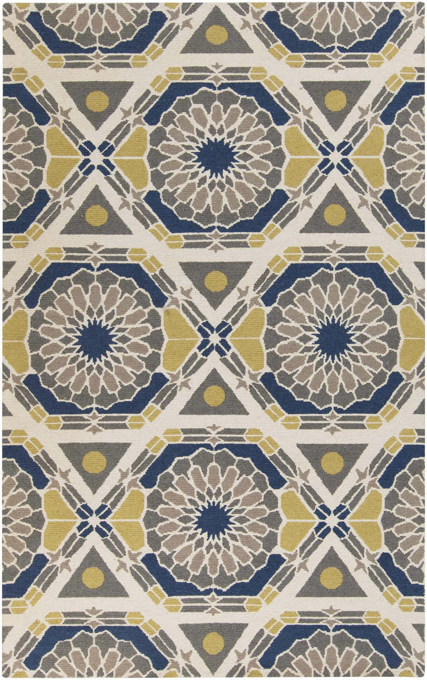 Close-up of the Mesena Area Rug, featuring a geometric pattern in ivory, light gray, navy, and tan. Design-Rectangle-58