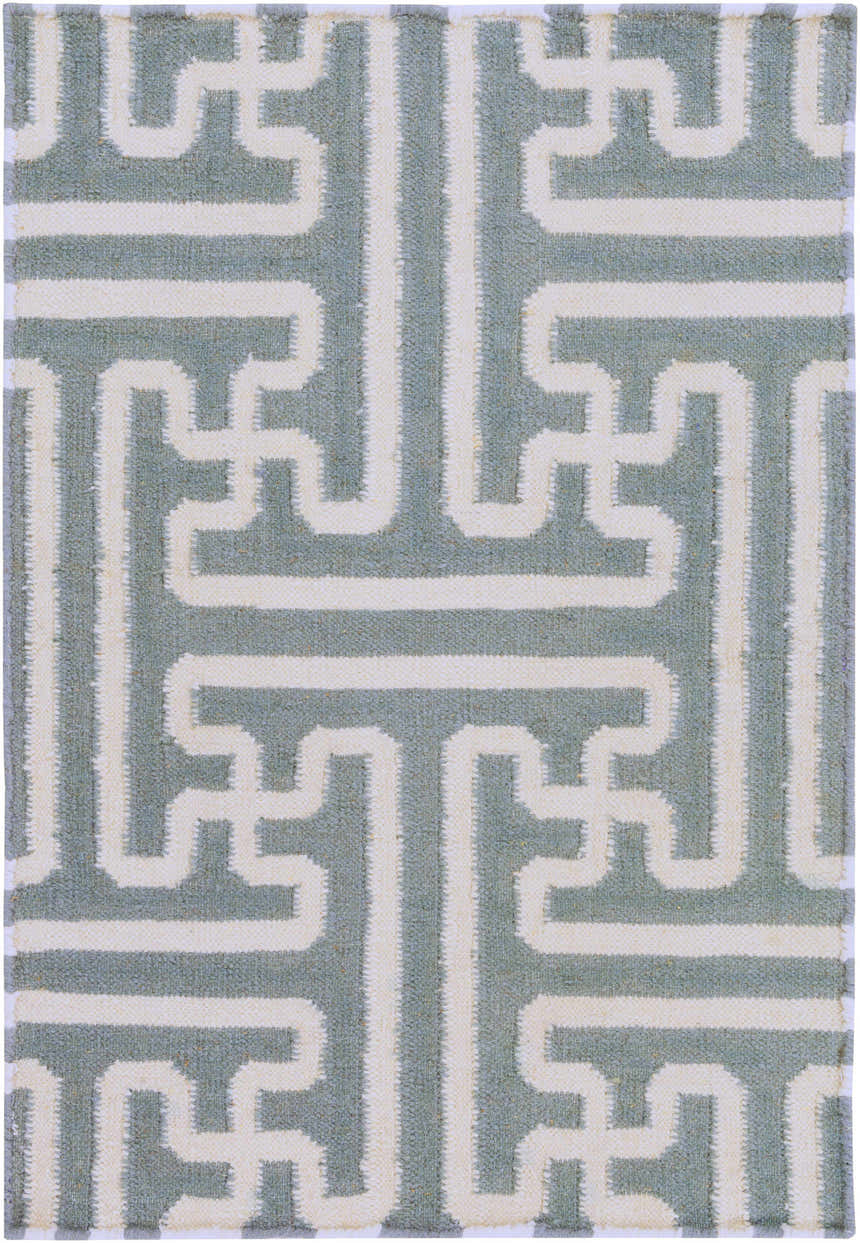 Close-up of the hand woven Metuchen Area Rug. Light beige and light blue geometric pattern. Wool texture. Design-Rectangle-23
