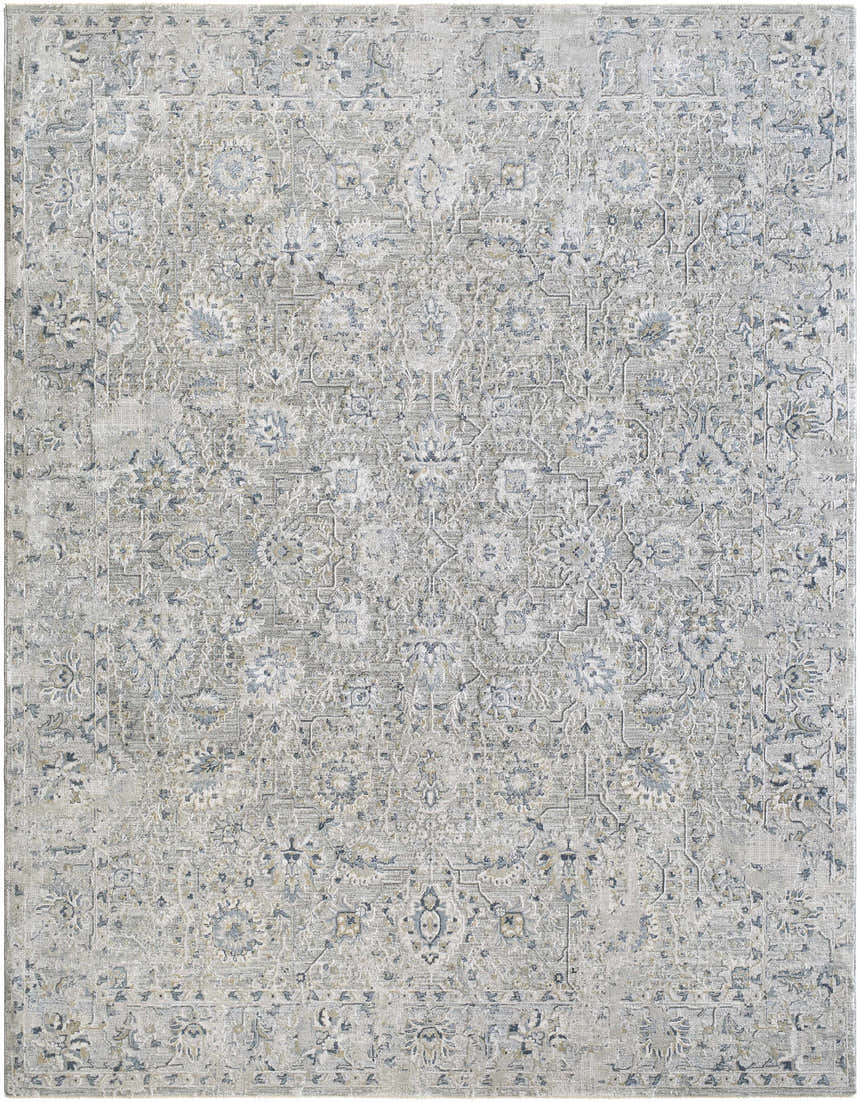 Close-up of the Melianna Gray Blue rug. Luxe texture with farmhouse style floral and geometric patterns in blue, cream, and gray. Design-Rectangle-710103