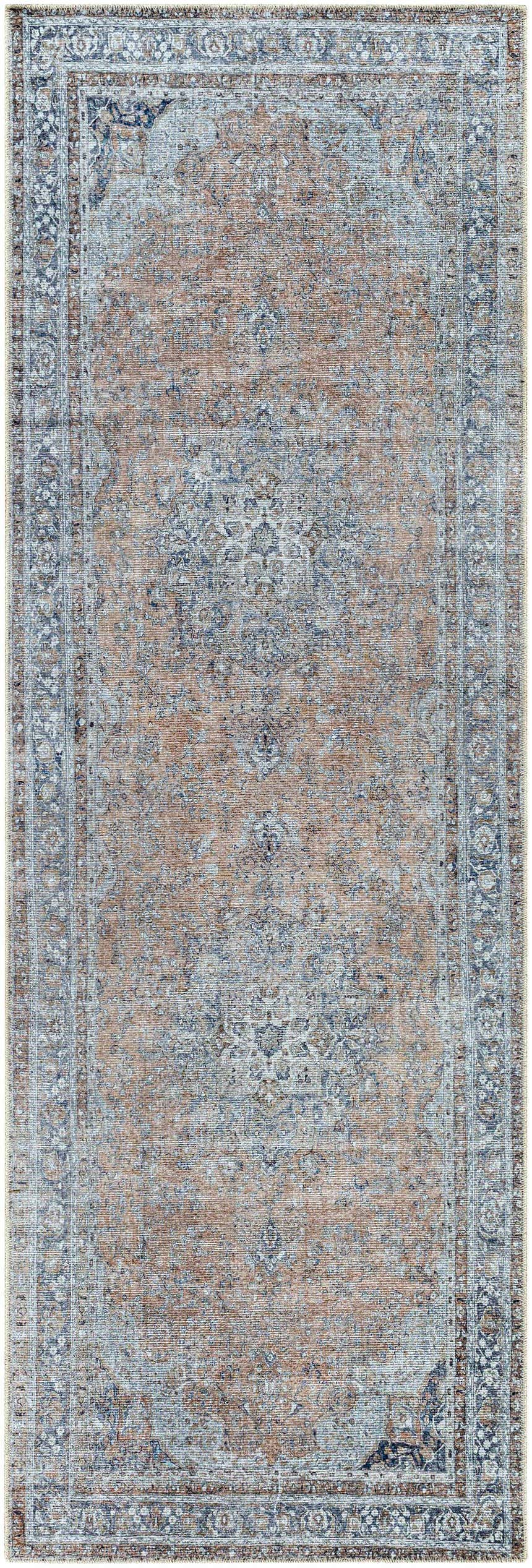 Close-up of the Mianay Washable Area Rug. Traditional oriental design in beige, blue, and slate colors. Vintage style. Design-Runner-27710