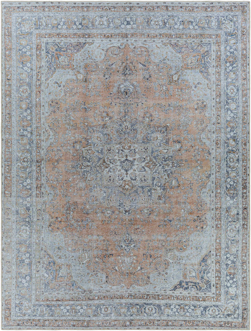 Detailed view of the Mianay Washable Area Rug featuring a vintage oriental design in beige, blue, and gray tones. Design-Rectangle-71010