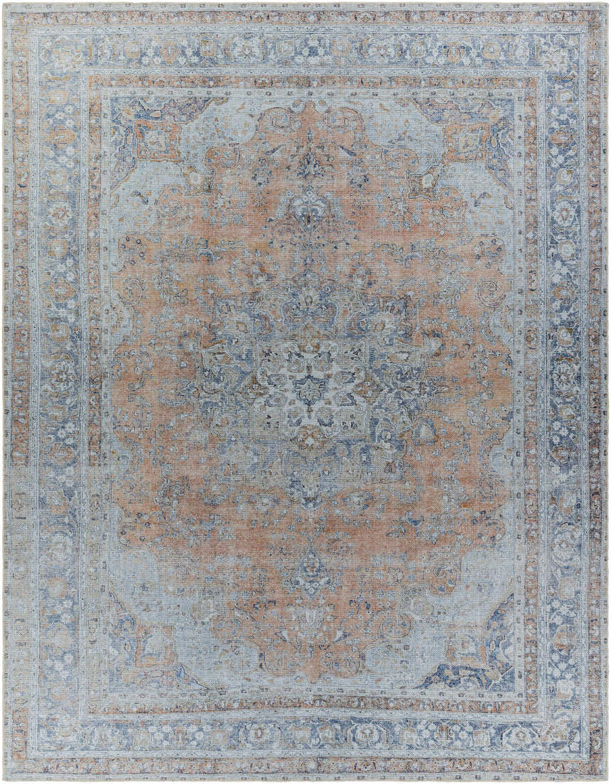 Close-up of the Mianay Washable Area Rug, featuring a traditional oriental design in beige, blue, and light gray tones. Design-Rectangle-710102