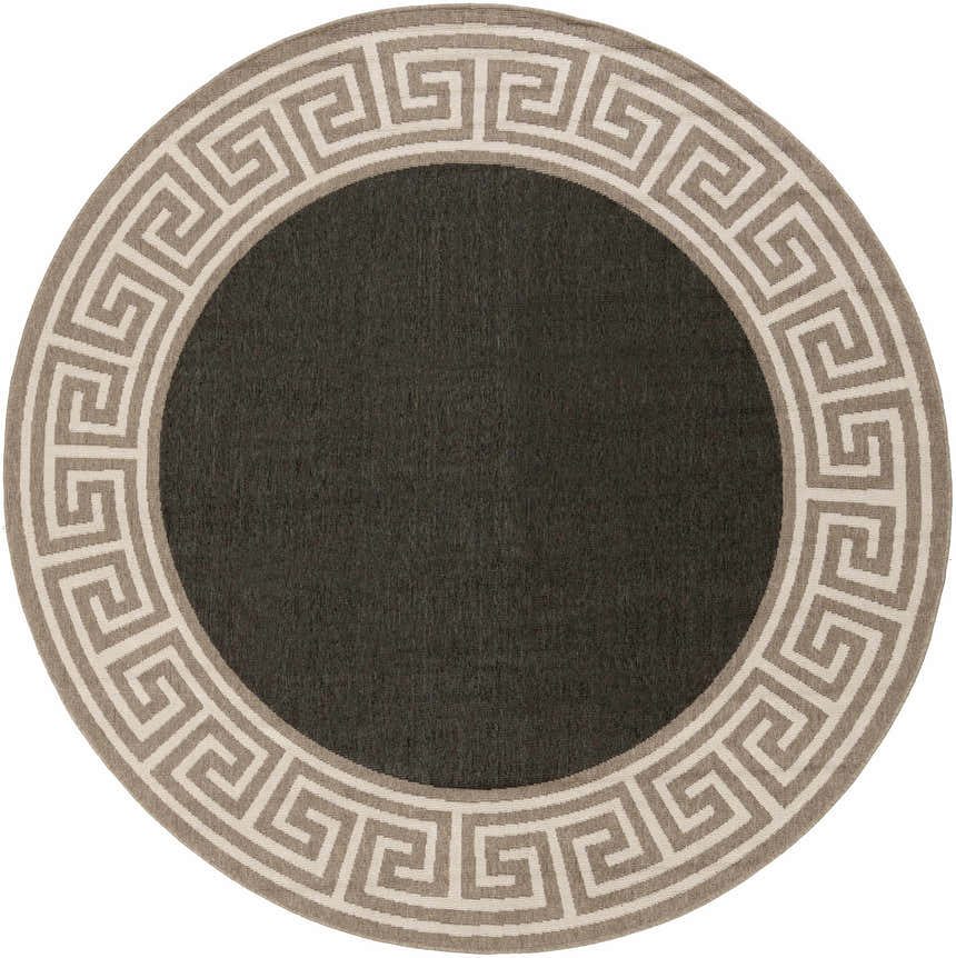 Round Michael Area Rug with a gray center and Greek key border pattern in beige and white. Design-Round-73