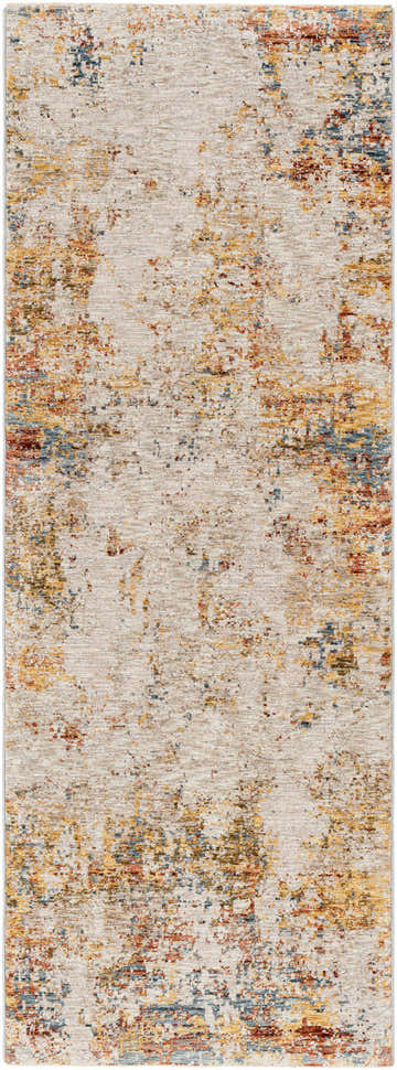 Close-up of Middelburg Rock Pattern Luxe Area Rug. Abstract design in brick red, cream, denim, mustard, and gray tones. Design-Runner-2773