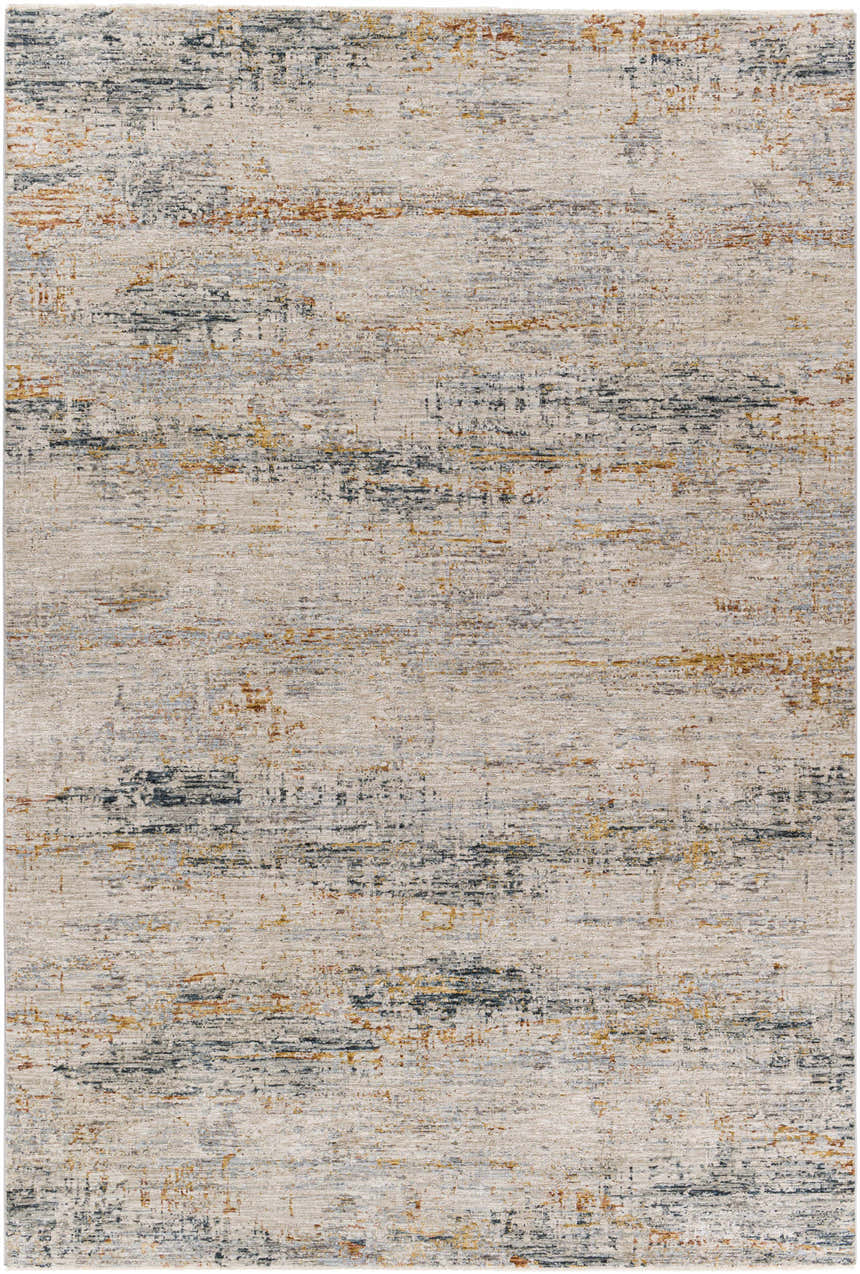 Close-up of the Midhurst Luxe Rug. Abstract design in cream, brick red, dusty sage, gray, mustard, and teal. Design-Rectangle-6796